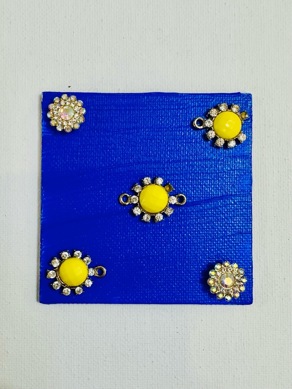 Handmade Rhinestone Floral Magnet 3x3” Signed Mixed Media Original
